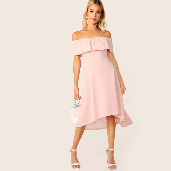 

Solid Ruffle Trim Asymmetrical Hem Bardot Dress, Pink