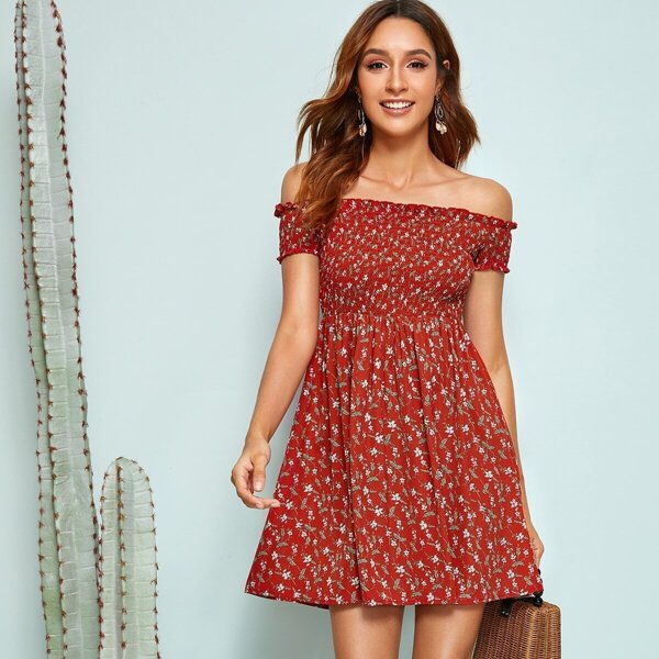 

Off Shoulder Frilled Trim Ditsy Floral Shirred Dress