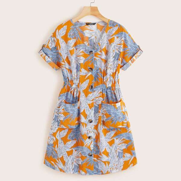 

V Neck Tropical Print Pocket Patch Shirt Dress, Multicolor