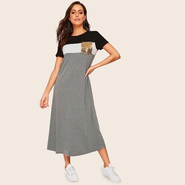 

Sequin Pocket Color Block Tee Dress, Grey