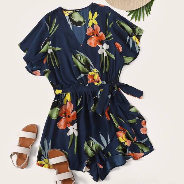 

Plus Surplice Wrap Belted Floral Print Romper, Multicolor