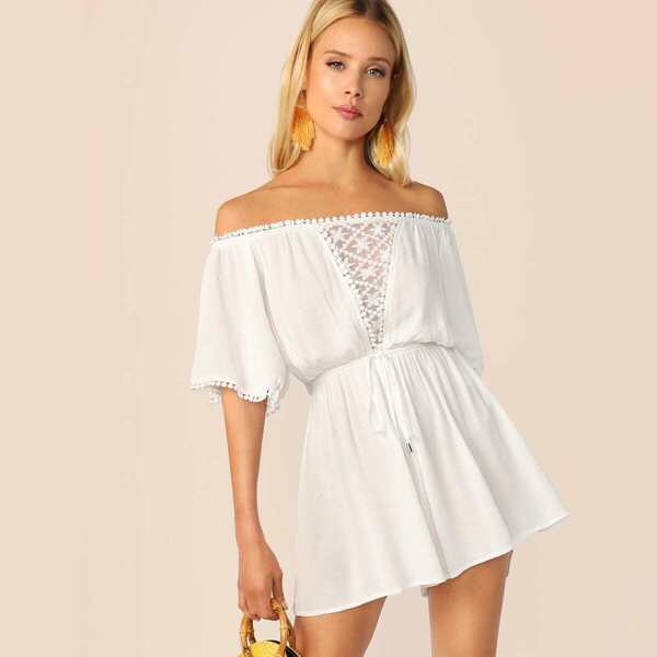 

Off Shoulder Dot Lace Trim Mesh Insert Drawstring Waist Romper, White