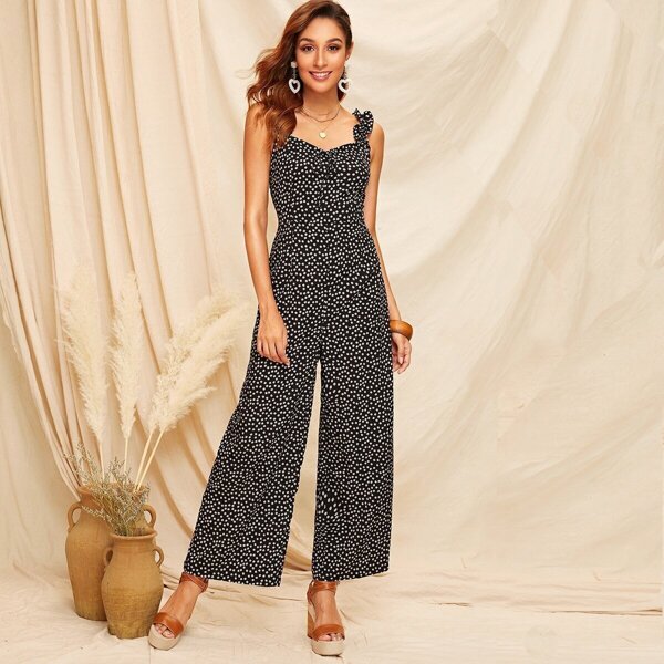 

Frill Straps Knot Front Ditsy Floral Wide Leg Jumpsuit