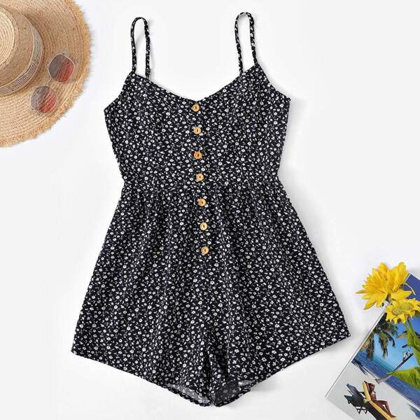 

Plus Ditsy Floral Button Front Cami Romper, Multicolor