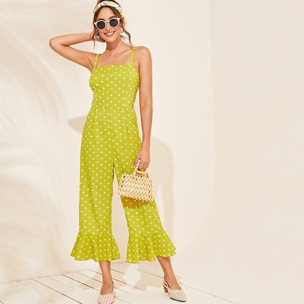 

Shirred Back Ruffle Hem Polka Dot Cami Jumpsuit, Green