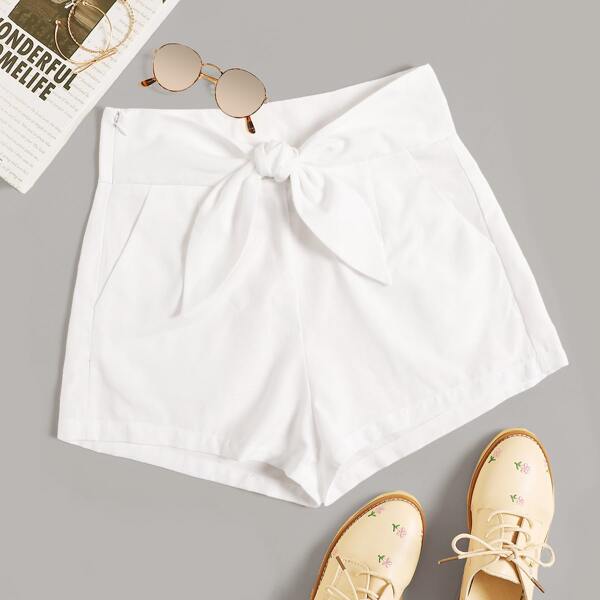 

Knot Wide Waist Slant Pocket Shorts, White