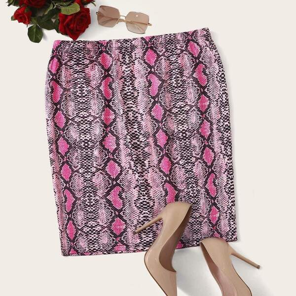 

Plus Elastic Waist Snakeskin Print Skirt