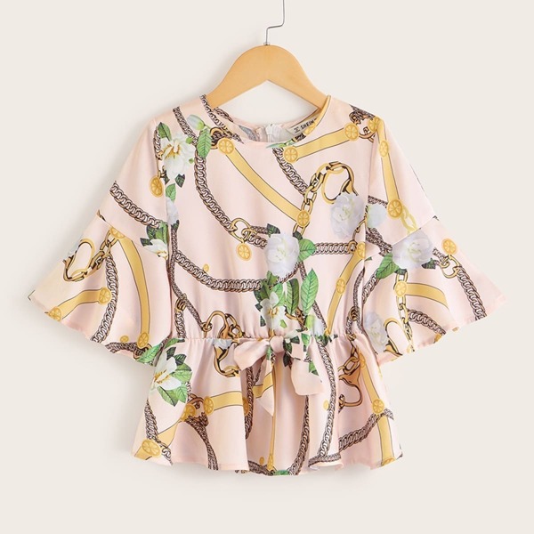 

Girls Floral and Chain Print Tie Front Top, Pink