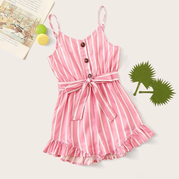 

Girls Button Half Placket Ruffle Hem Striped Romper