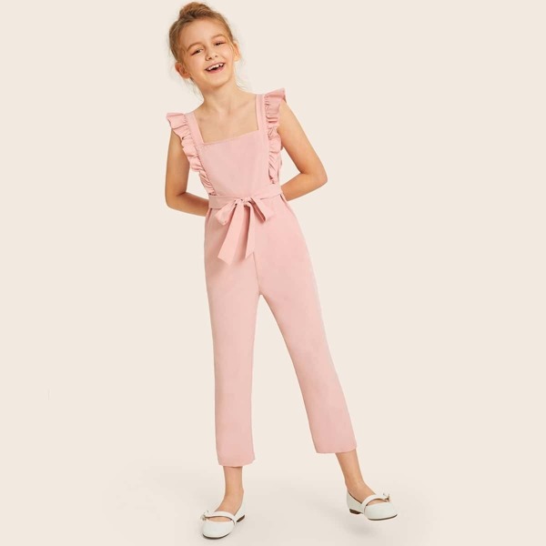 

Girls Ruffle Trim Belted Jumpsuit, Pink pastel