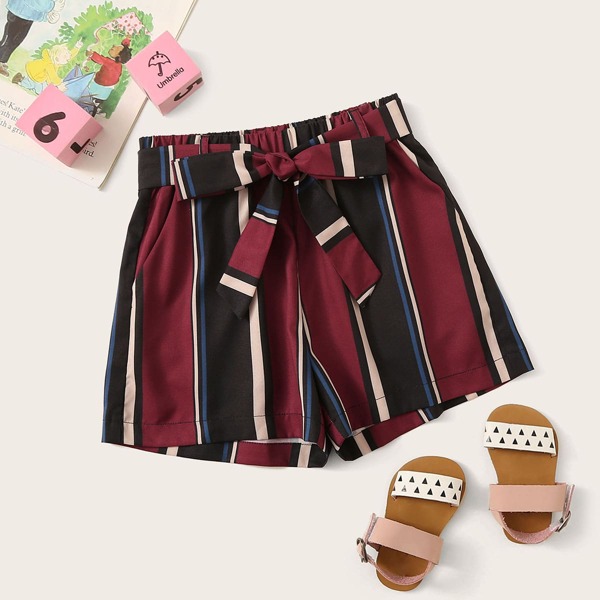 

Girls Slant Pocket Self Belted Striped Shorts, Multicolor