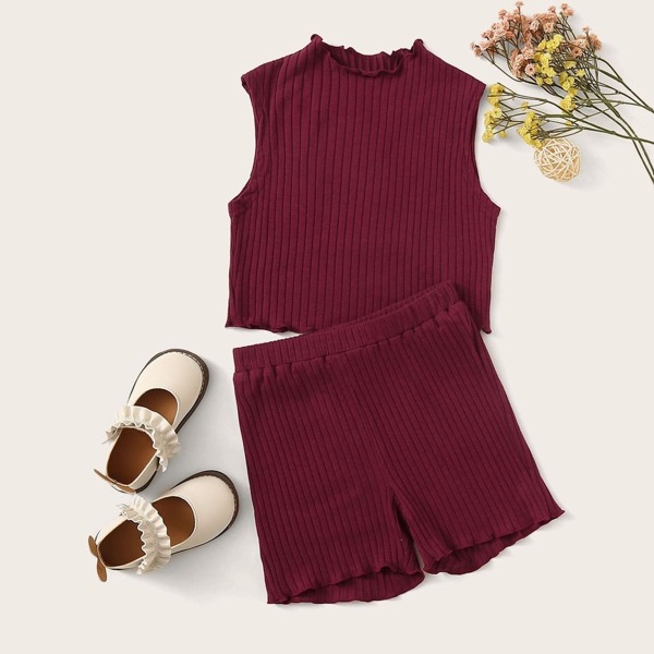 

Girls Lettuce Trim Ribbed Top & Shorts Set