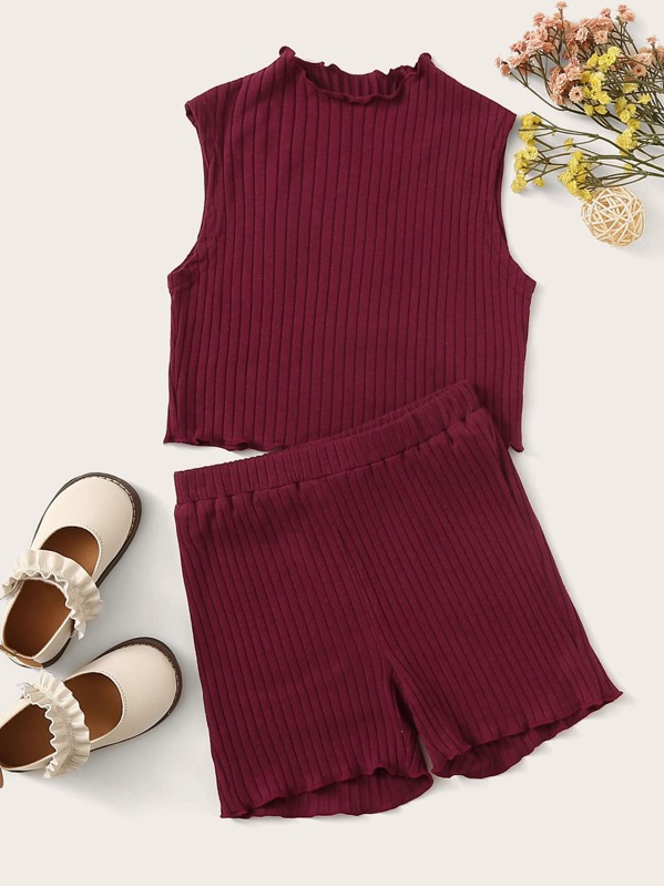 

Girls Lettuce Trim Ribbed Top & Shorts Set, Burgundy