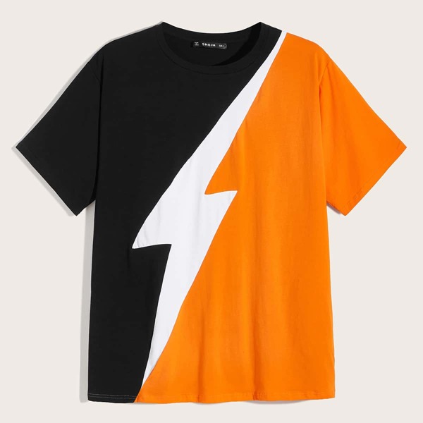 

Men Lightning Print Colorblock Tee