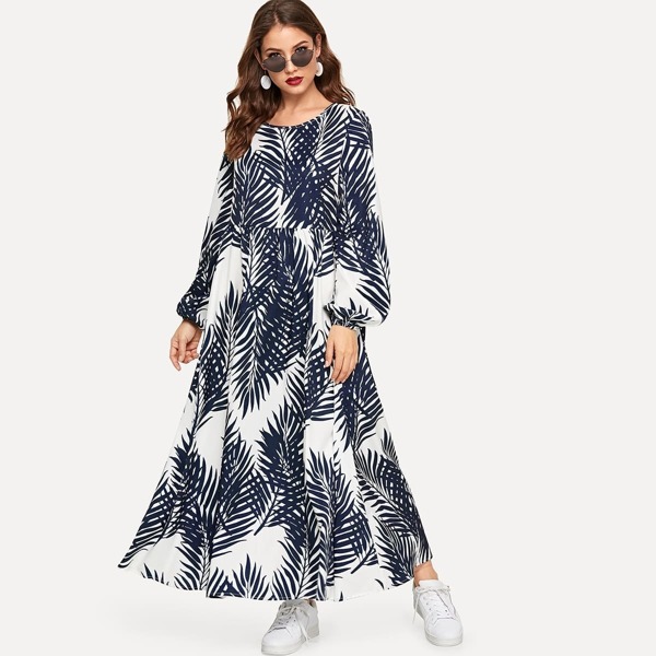 

Tropical Print Lantern Sleeve Hijab Dress, Multicolor