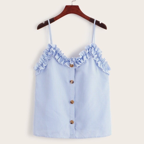 

Frill Trim Button Front Striped Cami Top