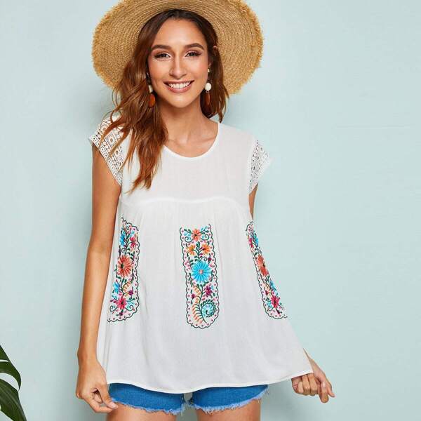 Guipure Lace Panel Embroidered Detail Top, White