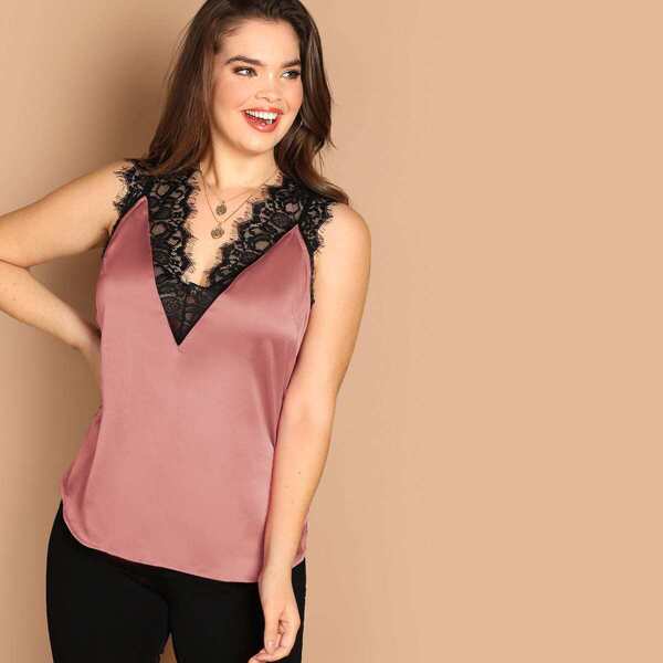 

Plus Double V Neckline Lace Trim Satin Top