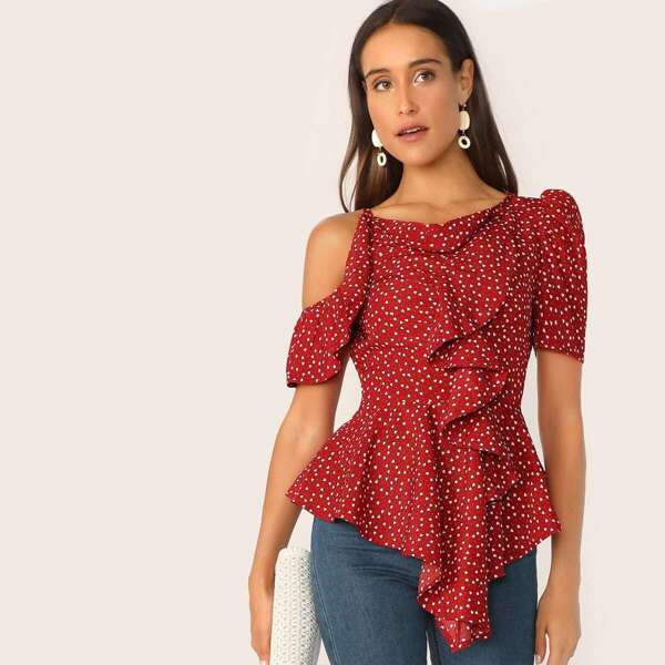 

Confetti Heart Print Cold Shoulder Ruffle Asymmetrical Top, Burgundy