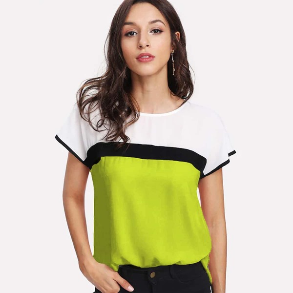 

Neon Lime Keyhole Back Colorblock Curved Hem Top