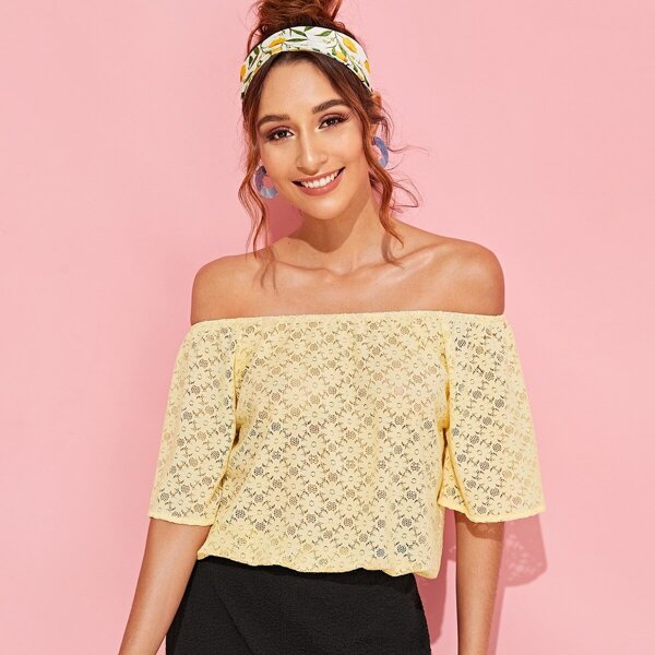 

Off Shoulder Bell Sleeve Floral Lace Top