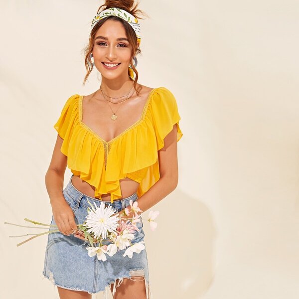 

Lace Insert Flounce Trim Shirred Crop Top, Yellow