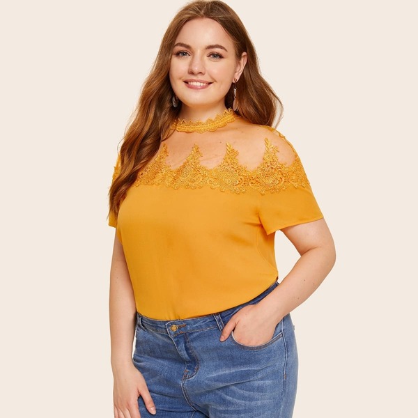 

Plus Mesh Yoke Embroidered Applique Top, Yellow