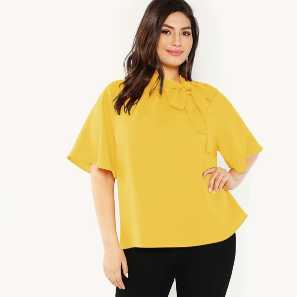 

Plus Bow Tie Neck Flutter Sleeve Top, Yellow