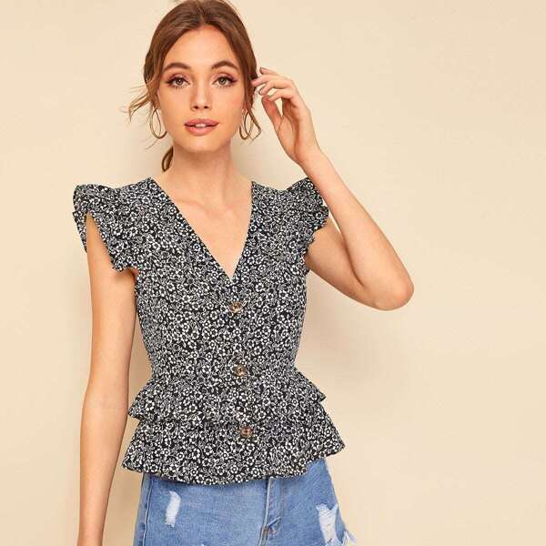 

Ditsy Floral Button Front Ruffle Armhole Layered Hem Blouse
