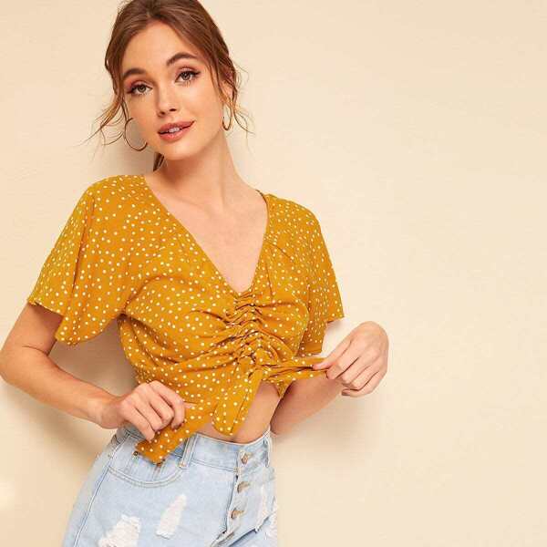 

Polka-dot Print Drawstring Front Crop Blouse