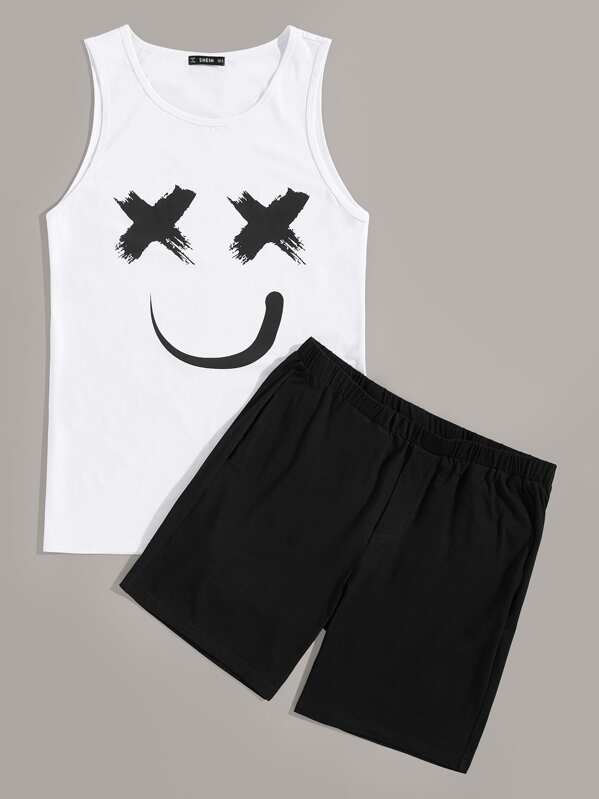 

Men Smile Print Tank Top & Shorts PJ Set, Black and white