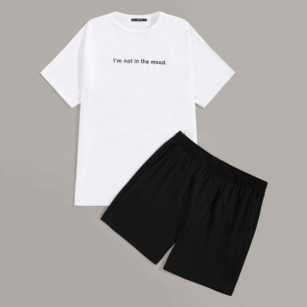 

Men Slogan Print Top & Shorts PJ Set, Black and white