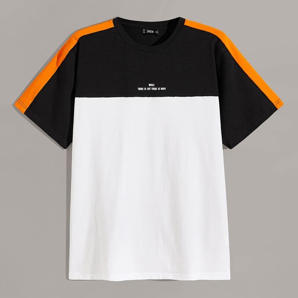 

Men Slogan Graphic Colorblock Tee, Black and white