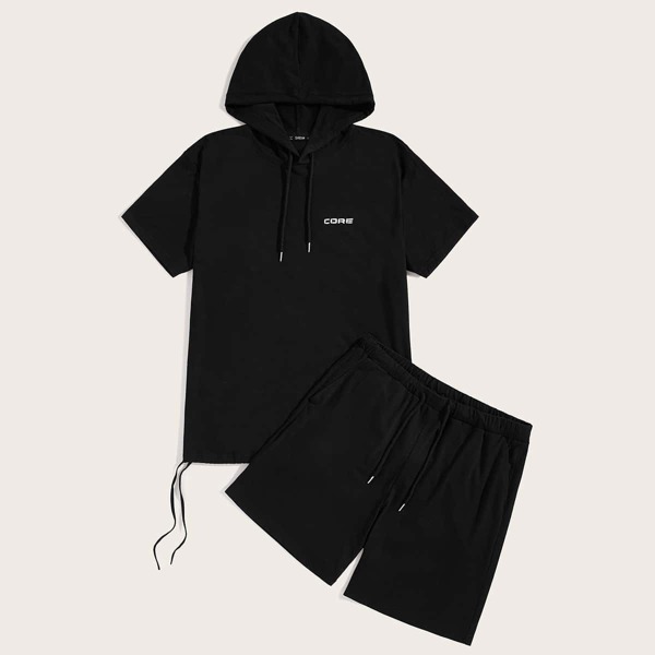 

Men Letter Print Drawstring Hooded Tee & Shorts Set