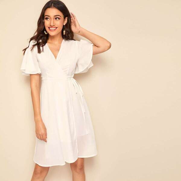 

Flutter Sleeve Surplice Neck Wrap Knotted Dress