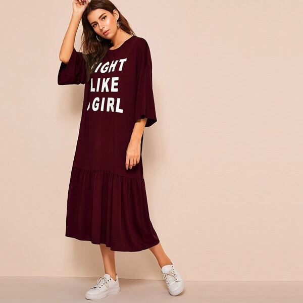 

Slogan Print Bell Sleeve Ruffle Hem Dress