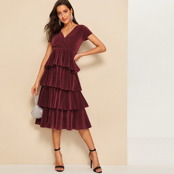 

Surplice Wrap Layered Ruffle Glitter Dress, Burgundy