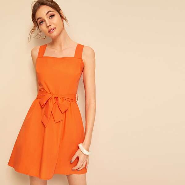 

Neon Orange Belted A-line Dress