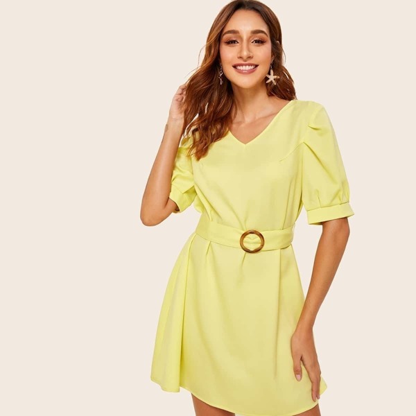 

Puff Sleeve Tunic Dress With Buckle Belt
