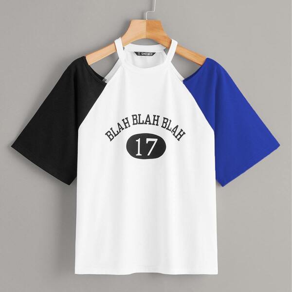 

Cut Out Shoulder Raglan Sleeve Colorblock Tee, Multicolor