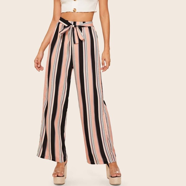 

Tie Waist Striped Wide Leg Pants, Multicolor