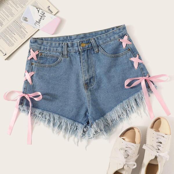 

Ribbon Lace Up Raw Hem Denim Shorts