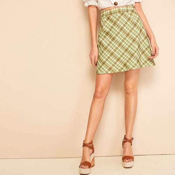 

High Waist Plaid A-line Skirt