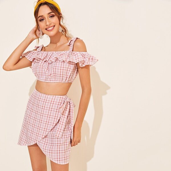 

Ruffle Cold Shoulder Top & Wrap Skirt Set, Pink pastel