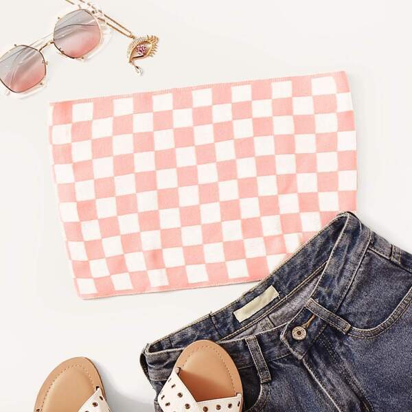 

Checkered Knit Bandeau Top