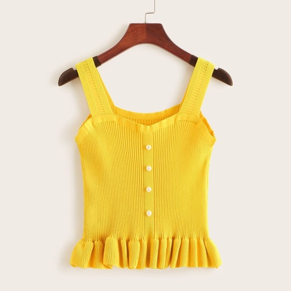 

Pearl Embellished Ruffle Hem Rib-knit Top