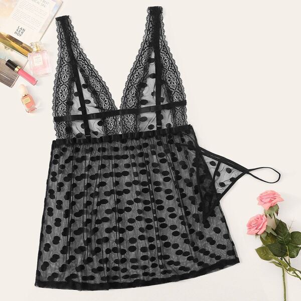 

Plus Polka Dot Lace Trim Sheer Dress With Thong, Black