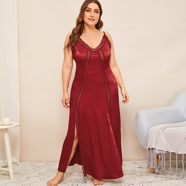 

Plus Contrast Lace Split Satin Night Dress