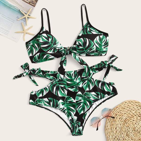 

Plus Tropical Top With Cut-out Tie Side Bikini