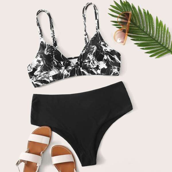

Plus Ink Drawing Top With High Waist Bikini, Black